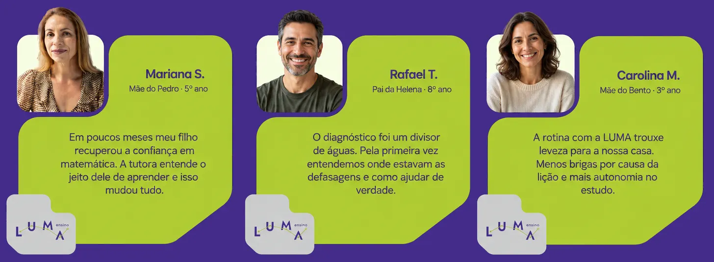 Depoimentos de famílias: Mariana S., Rafael T. e Carolina M. sobre a experiência dos filhos com a LUMA
