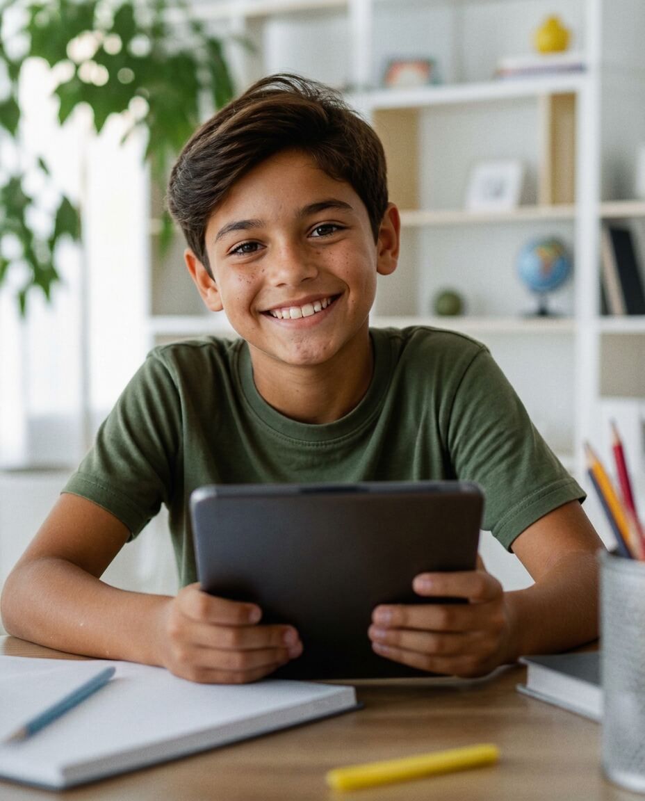 Estudantes Luma em tutoria com tablets e fones de ouvido