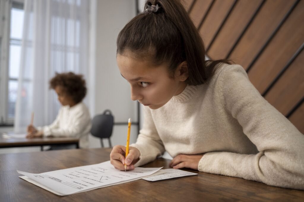 Foto de uma estudante fazendo uma avaliação escolar