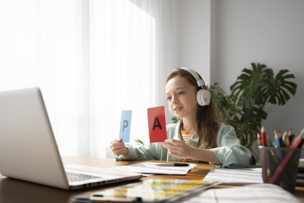 Foto de uma criança simulando um estudo de inglês no notebook